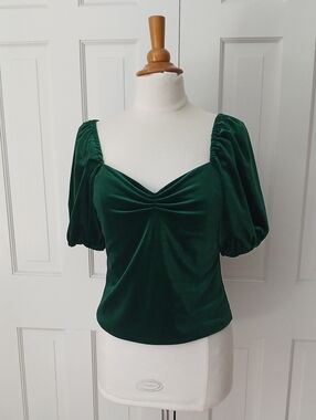 RACHAEL Rachael Roy Emeral Green Velvet Puff Sleeve Top